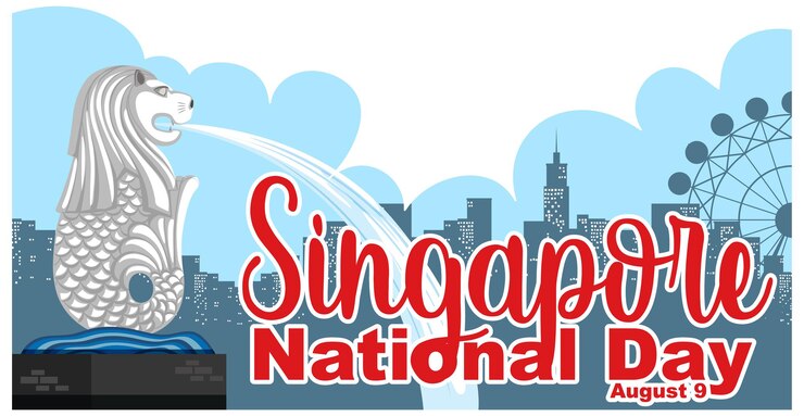 Vetor grátis banner de fonte do dia nacional de cingapura com marco merlion de cingapura