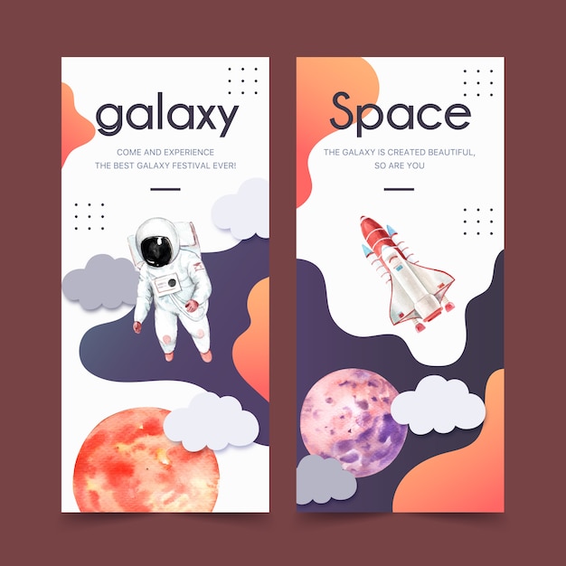 Banner de galáxia com planeta, astronauta, ilustração em aquarela de foguete.