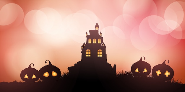 Vetor grátis banner de halloween com castelo e abóboras