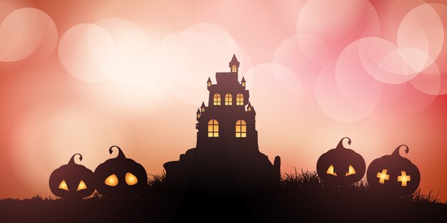 Banner de Halloween com castelo e abóboras