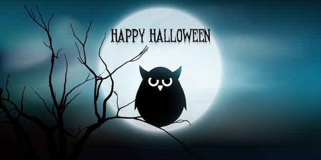 Banner de halloween com coruja e árvore contra a lua