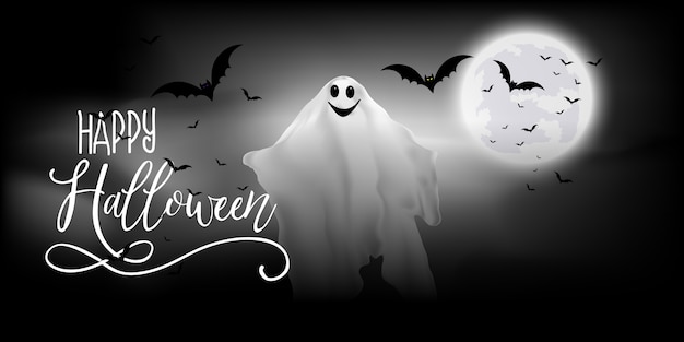 Banner de Halloween com desenho de fantasmas e morcegos