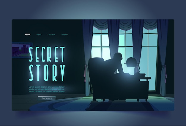Banner de história secreta com espião em escritório noturno
