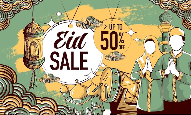 Vetor grátis banner de ilustração de venda eid alfitr desenhado à mão