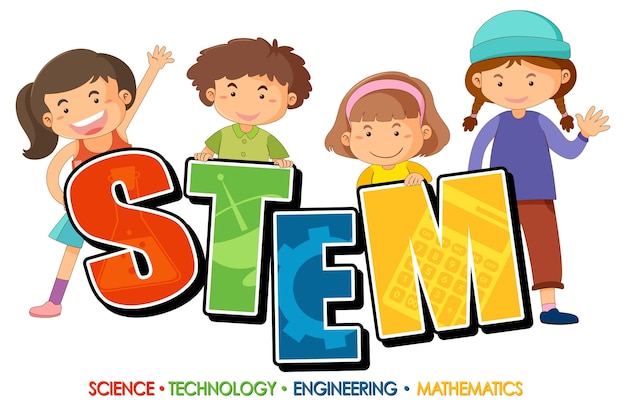 Banner de logotipo de educação stem com personagem de desenho animado infantil