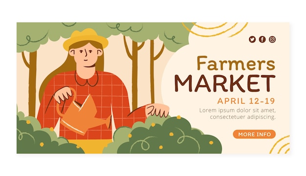 Banner de mercado de agricultores de design plano desenhado à mão