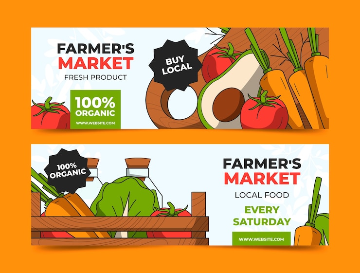 Vetor grátis banner de mercado de agricultores de design plano desenhado à mão