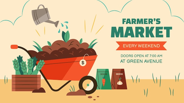 Vetor grátis banner de mercado de agricultores de design plano desenhado à mão
