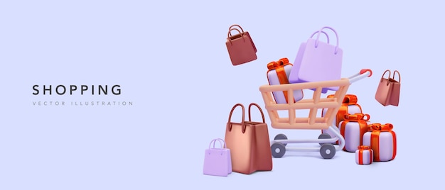 Vetor grátis banner de modelo para loja online com carrinho de compras com compras, caixas. entrega em supermercado. ilustração vetorial