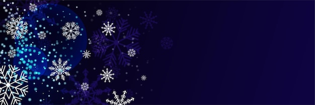 Banner de natal azul com flocos de neve. banner de saudação de feliz natal e feliz ano novo. plano de fundo horizontal de ano novo, cabeçalhos, cartazes, cartões, site. ilustração vetorial