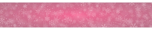 Banner de natal com flocos de neve de diferentes formas, tamanhos e transparências em fundo rosa