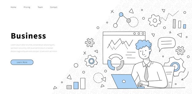 Banner de negócios com homem trabalha no laptop no escritório. Página inicial de vetor com ilustração de doodle de empresário com caderno em plano de fundo de diagramas, gráficos e engrenagens