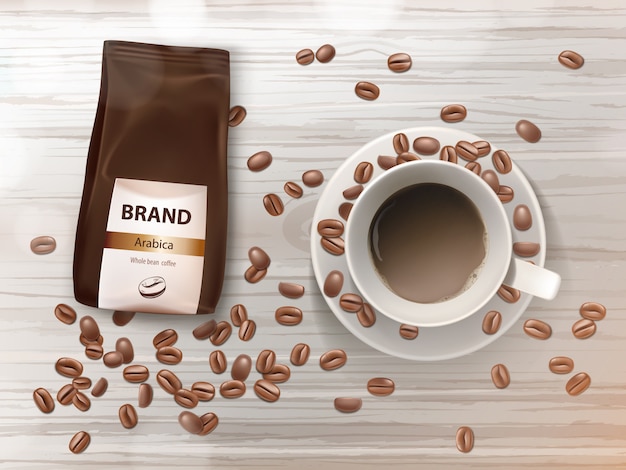 banner de promoção com a xícara de café no prato, feijão marrom e pacote de folha com grãos de goma-arábica.