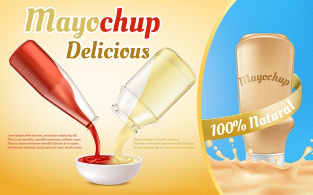 Banner de promoção de molho mayochup. ketchup de tomate e maionese derramando