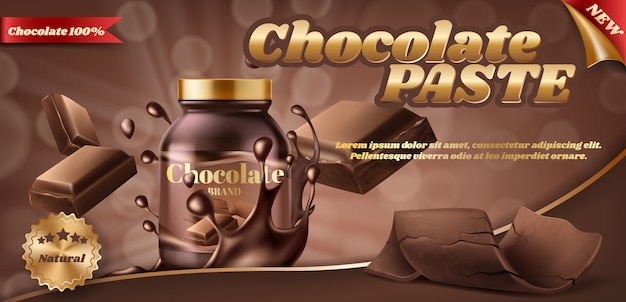 banner de promoção de pasta de chocolate ou manteiga de noz em frasco de plástico