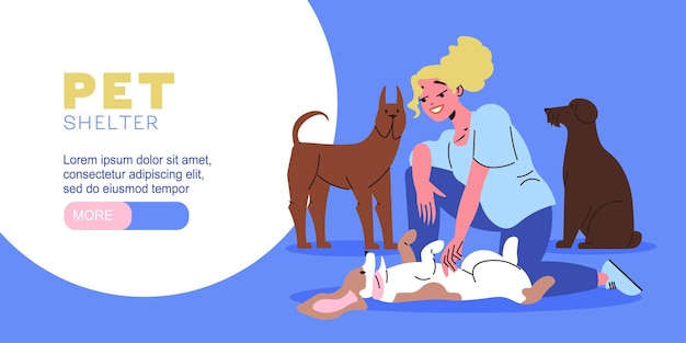 Vetor grátis banner de site horizontal plano de abrigo para animais de estimação com mulher feliz brincando com ilustração vetorial de cães