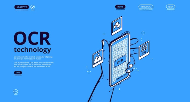 Banner de tecnologia ocr. serviço de reconhecimento óptico de caracteres para digitalização e digitalização de informações de documentos em papel, imagens e textos manuscritos. página de destino do vetor com smartphone isométrico