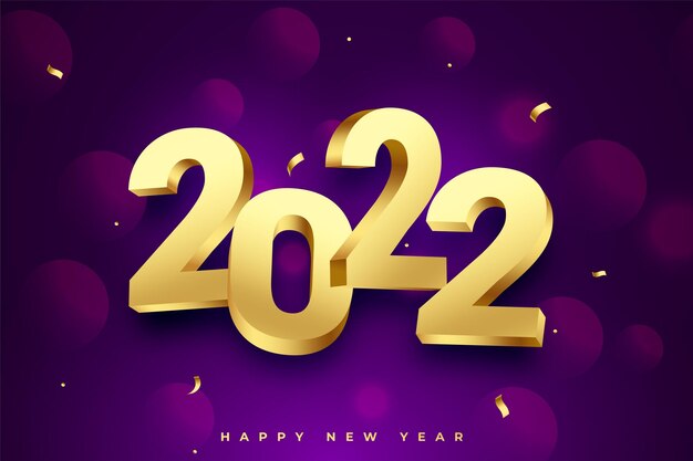 Banner de texto dourado 3d 2022 para o ano novo em fundo roxo brilhante