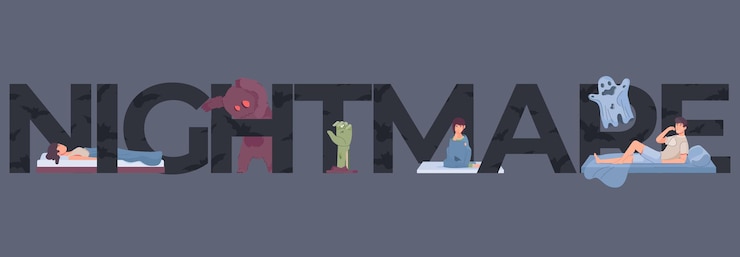 Vetor grátis banner de texto horizontal plano com pesadelos e pessoas dormindo na ilustração vetorial de fundo cinza