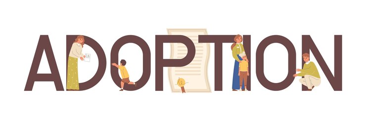 Vetor grátis banner de texto plano de adoção infantil com personagens humanos de órfãos e ilustração vetorial de pessoas adultas