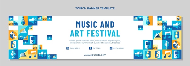 Vetor grátis banner de twitch de festival de música em mosaico plano