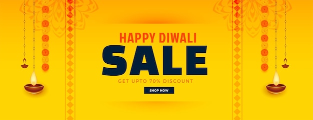 Banner de venda amarelo feliz diwali com flores e diya