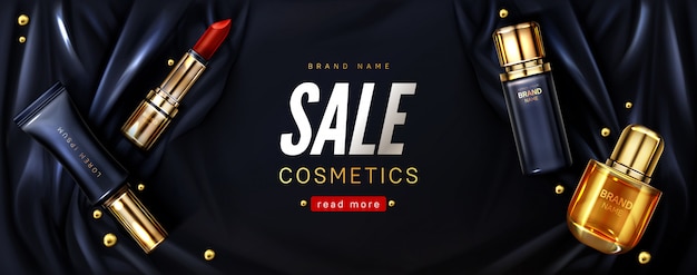 Vetor grátis banner de venda com produtos cosméticos em seda preta