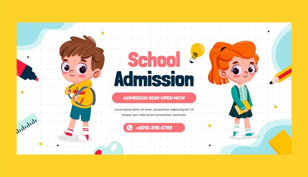 Banner de venda de admissão escolar desenhado à mão