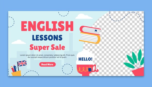 Banner de venda de aulas de inglês desenhadas à mão