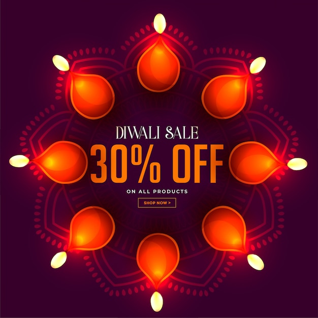 Vetor grátis banner de venda de diwali com decoração de lâmpadas diya brilhante