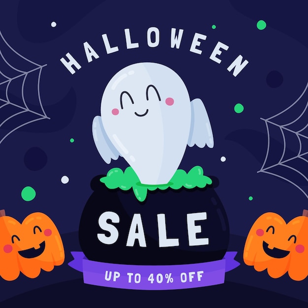 Banner de venda de halloween de design plano com fantasma