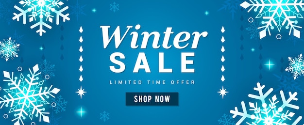 Banner de venda de inverno flocos de neve brilhantes em fundo azul