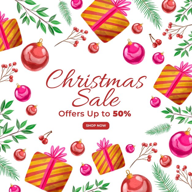 Banner de venda de natal em aquarela com presentes