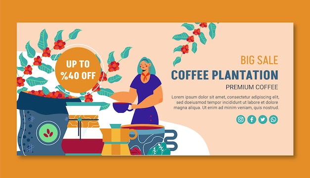 Vetor grátis banner de venda de plantação de café de design plano