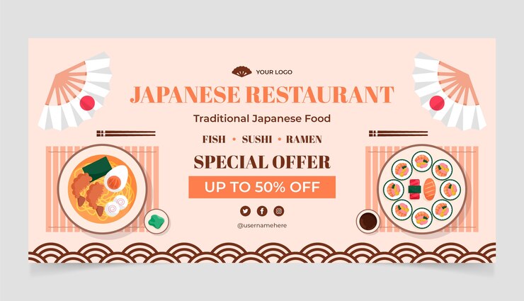 Banner de venda de restaurante japonês de design plano