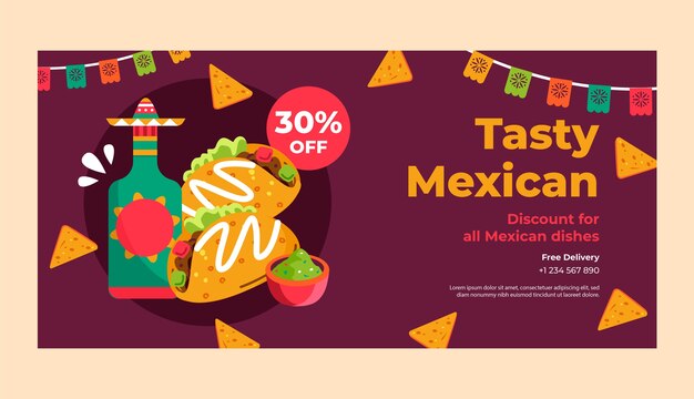 Banner de venda de restaurante mexicano de design plano