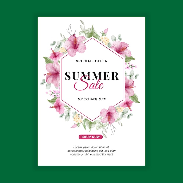 Banner de venda de verão com aquarela de flores de hibisco