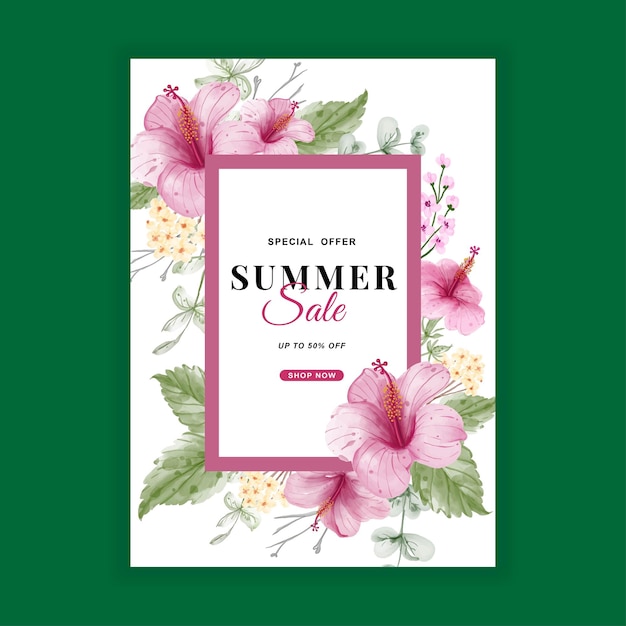 Banner de venda de verão com aquarela de flores de hibisco
