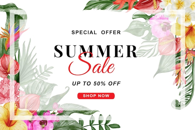 Banner de venda de verão com folhagem tropical e aquarela de flores