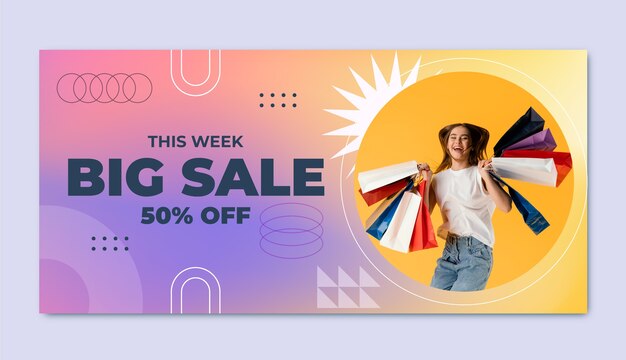 Banner de venda horizontal de desconto de compras gradiente