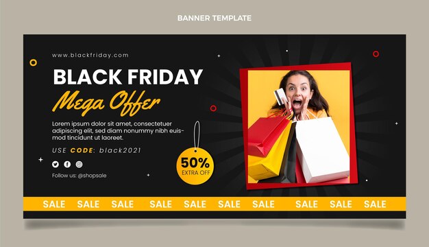 Banner de venda horizontal preto liso na sexta-feira