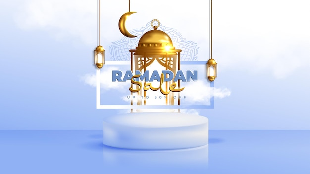 Banner de venda realista Ramadan Kareem com pódio 3D e moldura de desconto