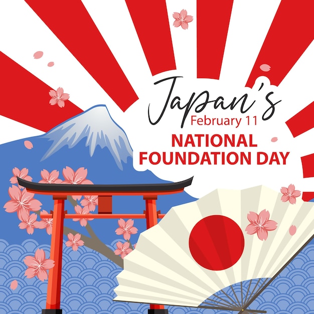 Banner do dia da fundação nacional do japão com o monte fuji e o portão torii