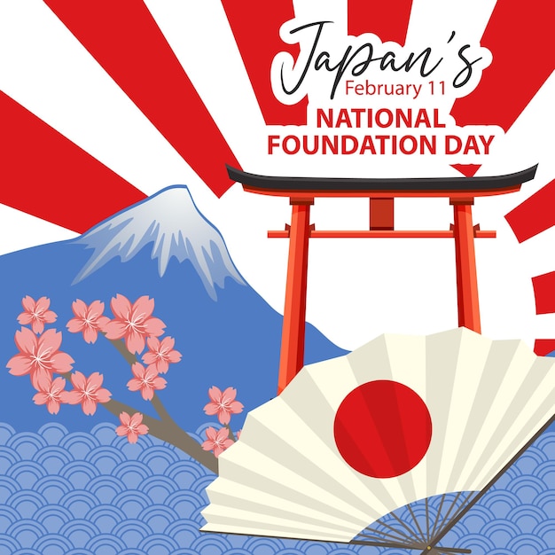 Banner do Dia da Fundação Nacional do Japão com o Monte Fuji e o portão Torii