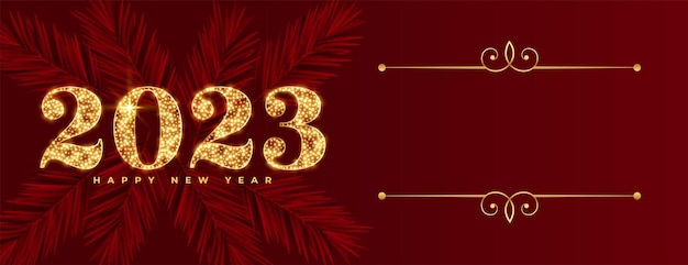 Banner do festival de ano novo com texto dourado brilhante de 2023 e espaço para cópia