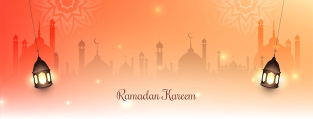 Banner do festival Ramadan Kareem com vetor de lanternas islâmicas