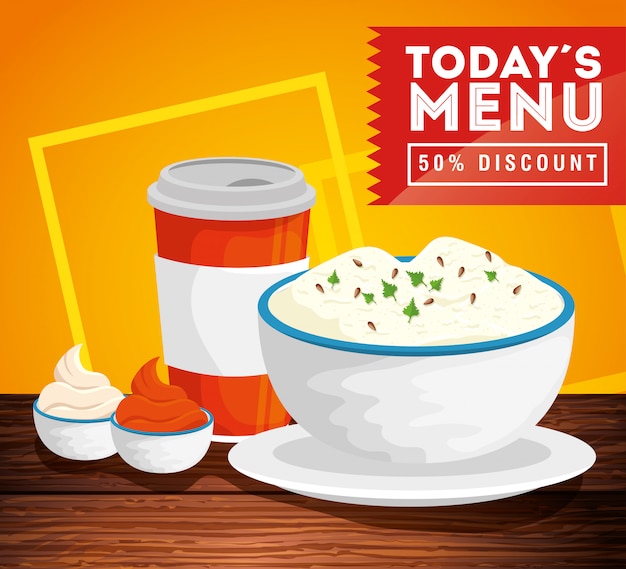 banner do menu de hoje com cinquenta de desconto e comida deliciosa