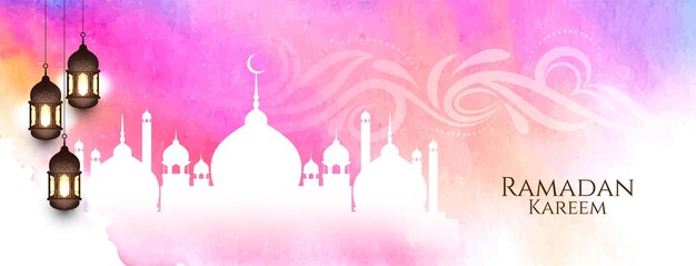 Banner em aquarela de Ramadan Kareem com mesquita