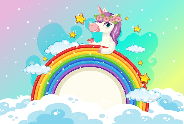 Banner em branco com lindo unicórnio no fundo do céu pastel