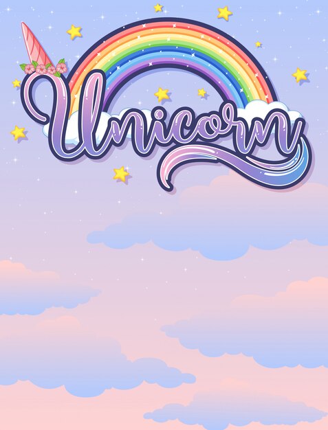 Banner em branco com logotipo de unicórnio no fundo do céu pastel